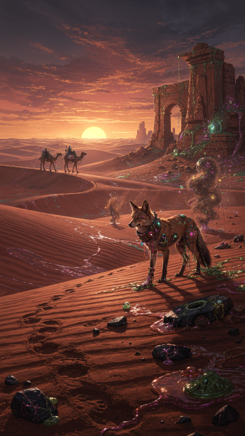 Phone wallpaper — desert sunset with ruined arch, two camel riders on distant dunes, a jeweled fox in the foreground amid scattered glowing crystals.