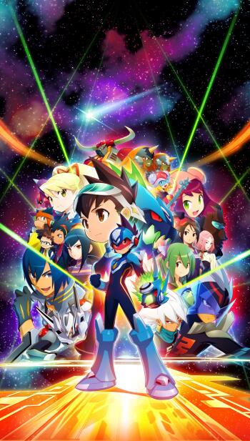 Phone wallpaper of video game art showing Mega Man front and center with the Star Force cast in vibrant cosmic colors and laser beams — Mega Man Star Force: Legacy Collection.