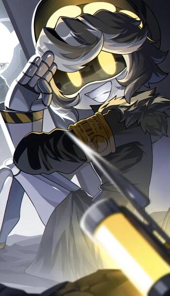 Phone wallpaper of Serial Designation N from TV show Murder Drones: grinning android with glowing yellow eyes, fur-trimmed coat and glowing canister weapon.