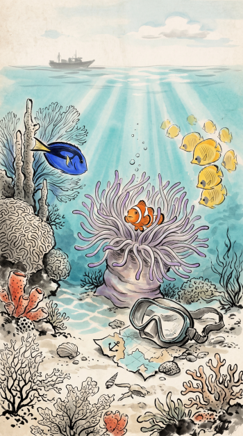 Finding Nemo phone wallpaper showing Nemo in an anemone with Dory nearby, a school of yellow tangs, coral reef, sunbeams, boat silhouette, snorkel mask and map on the sandy seabed.