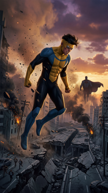 Invincible phone wallpaper: hero in yellow-and-blue suit hovers over a shattered city at sunset, fists clenched, a cape-cloaked figure watching from the skyline.
