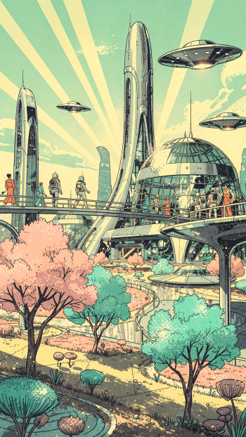 Spring iPhone wallpaper: pastel retro-futuristic cityscape with pink blossoms, teal foliage, sleek towers, elevated walkways and hovering UFOs beneath sunbeams.