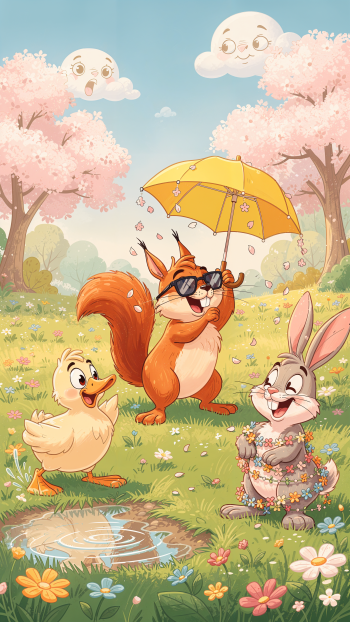 iPhone wallpaper: spring scene with a sunglasses-wearing squirrel holding a yellow umbrella, a cheerful duckling and a flower-crowned bunny in a cherry-blossom meadow under smiling clouds.