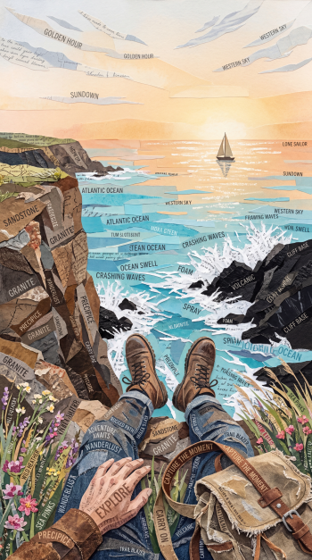 POV iPhone wallpaper: seated hiker's boots and pack on a rocky cliff, looking over sunlit Atlantic, crashing waves and a lone sailboat at golden hour.