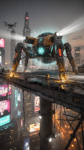 iPhone wallpaper: glowing spider mech strides across a rain-slick cyberpunk overpass, drones and neon skyscrapers ablaze.