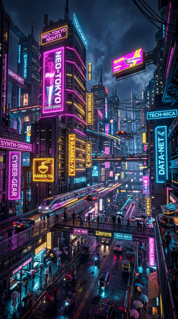 iPhone wallpaper of a neon-soaked cyberpunk city: towering signs, layered skybridges, hovering vehicles and rain-slick streets glowing in magenta and cyan.
