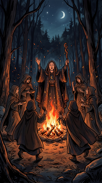 iPhone wallpaper of a hooded coven performing a midnight ritual around a roaring fire in a moonlit forest, a robed leader raising a staff under the stars.
