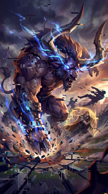 iPhone wallpaper of Alistar (League of Legends) roaring and slamming the ground, blue lightning arcing from his horns as glitchy shards and debris scatter, a cloaked figure thrown back.