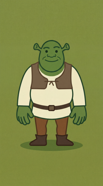 iPhone wallpaper of Shrek (character): full-body cartoon Shrek standing on a flat green background, smiling in a tunic with vest, belt and boots.