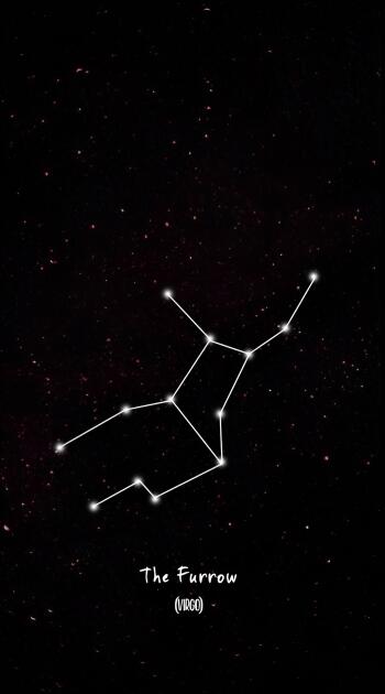 Phone wallpaper showing the Virgo constellation of glowing stars connected by white lines against a dark, star-speckled sky, captioned The Furrow (Virgo).