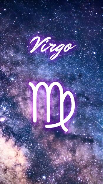 iPhone wallpaper: Virgo astrology design — white Virgo script and glyph with a purple glow over a starry galaxy background.