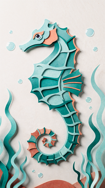 iPhone wallpaper featuring a paper-cut teal and coral seahorse amid seaweed and bubbles on a light background, vertical composition.