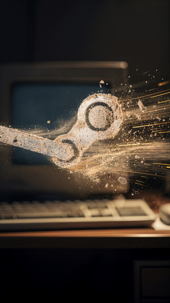 Vertical iPhone wallpaper showing the Steam (Software) logo breaking into golden particles above a blurred desk with a keyboard and vintage monitor.
