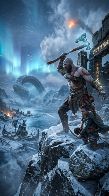 God of War iPhone wallpaper: Kratos and Atreus on a snowy cliff, the father raising his axe beneath auroras as a sea serpent coils and Viking ships clash in the frozen bay below.