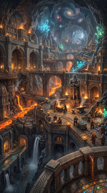 iPhone wallpaper of a sprawling dwarven underground city: carved stone bridges and halls, glowing forges and lava rivers, crystal spires, a giant statue and a galaxy-like cavern ceiling.