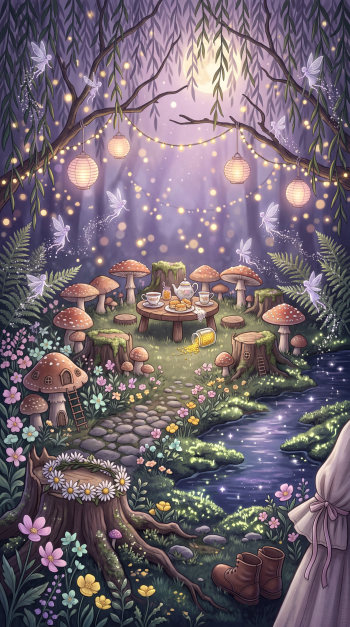 Fairycore iPhone wallpaper: moonlit forest tea party with glowing lanterns, mushrooms as seats, tiny fairies, a sparkling stream, wildflowers and boots by a tree stump — whimsical, pastel-lit scene.