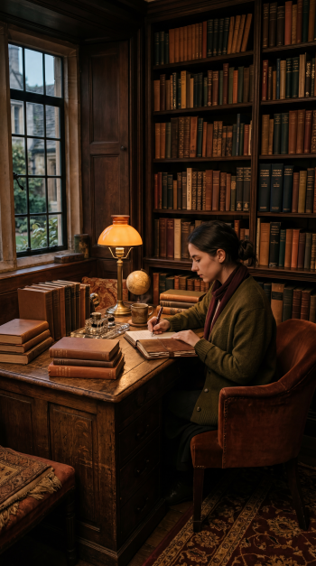 Dark academia iPhone wallpaper: dim wood-paneled library, woman writing at a desk by a brass lamp, globe and stacks of leather-bound books, window with stone view.