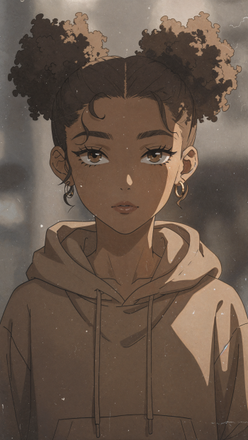 Black anime girl with twin puff buns and hoop earrings, wearing a hoodie in muted evening tones — vertical phone wallpaper portrait.