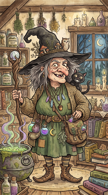 iPhone wallpaper, witchcore scene: a grinning witch in a cluttered apothecary with bubbling cauldron, black cat, hanging herbs and a moonlit window.