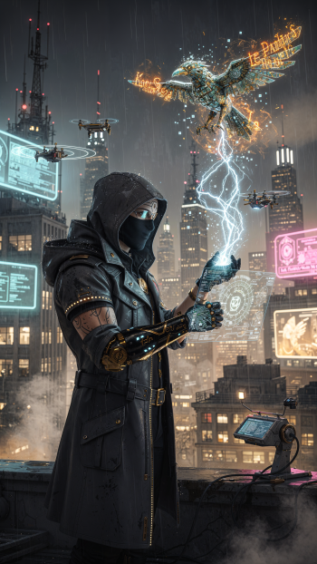 Technomancer iPhone wallpaper: hooded cyber‑mage channels crackling lightning into a glowing mechanical bird above a neon, drone-filled cityscape with holographic signs.