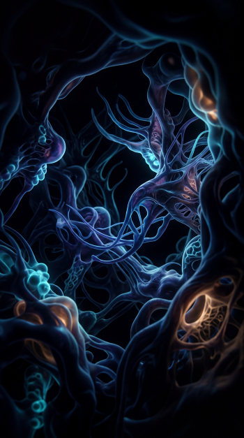 Dark iPhone wallpaper showing glowing bioluminescent tendrils and organic root-like forms in blue, teal, and amber against a deep black background.