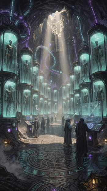Phone/iPhone wallpaper: cavernous cloning facility with rows of humanoid figures in glass tanks, glowing consoles and hooded technicians beneath a shaft of light.