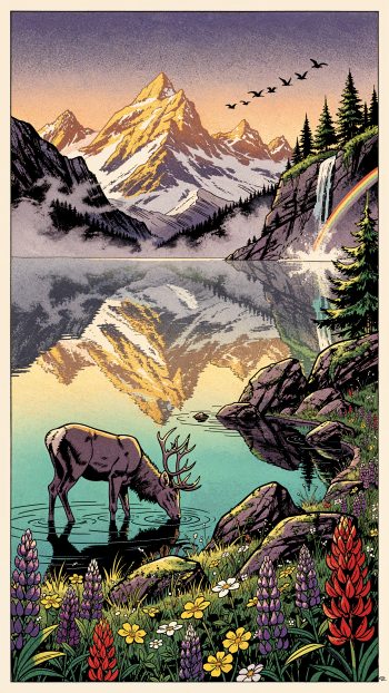 iPhone wallpaper: stylized nature — deer drinking from a mirrored mountain lake, wildflowers in the foreground, waterfall with rainbow and birds in a pastel sky.