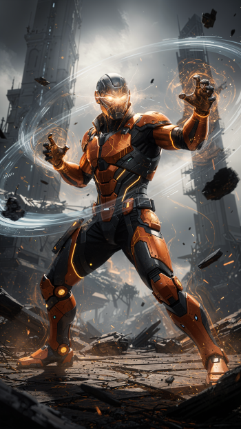 Psionic Warrior iPhone wallpaper: orange-black armored hero conjuring glowing psychic rings, levitating rubble amid a shattered city, dynamic battle pose.