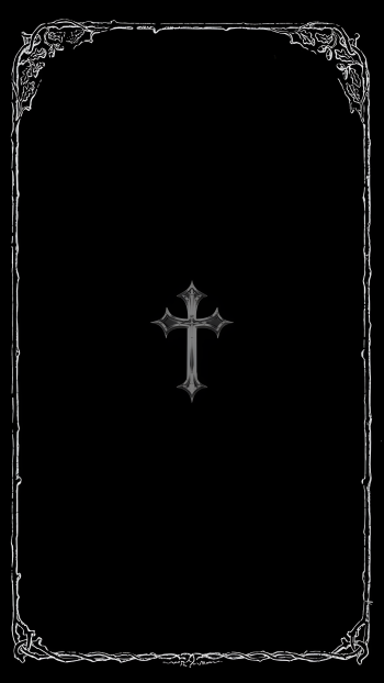 Dark, black-and-white gothic iPhone wallpaper: ornate white border around a black background with a stylized silver cross centered.