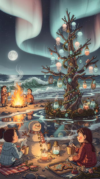 Christmas aesthetic iPhone wallpaper showing a moonlit beach with aurora, a decorated driftwood tree of glowing jars and lights, friends around a bonfire, a snowman and hot drinks.
