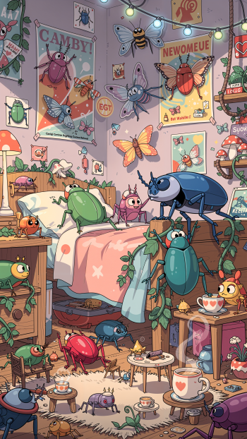 Bugcore iPhone wallpaper: cozy bedroom overflowing with colorful cartoon beetles and butterflies, posters, tea cups, plants and string lights in a whimsical, cluttered insect-themed scene.