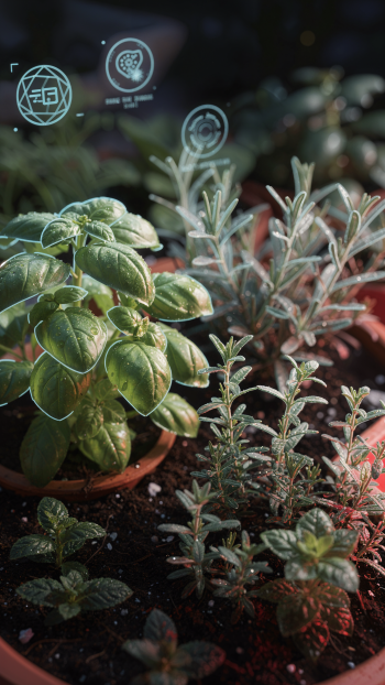 iPhone wallpaper: close-up of potted basil, rosemary and mint in soft light with subtle holographic icons