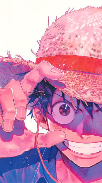 Bright anime iPhone wallpaper: One Piece’s Monkey D. Luffy grinning and tipping his straw hat, vibrant pink-blue tones against a white background.