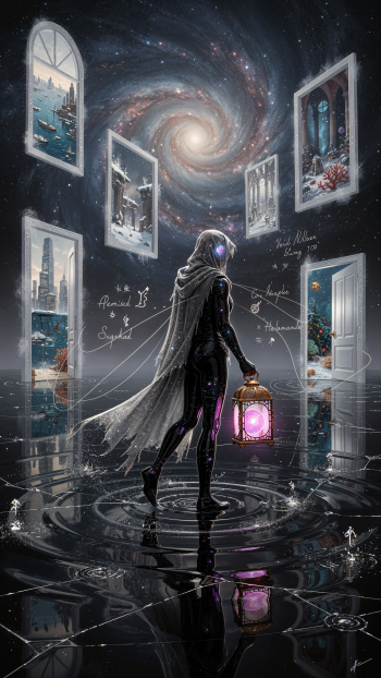 Void Walker iPhone wallpaper: cloaked, cybernetic figure holding a glowing purple lantern on a reflective pool, surrounded by floating doorways and a spiral galaxy overhead.