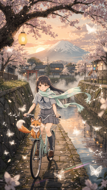 Spring Anime iPhone wallpaper: schoolgirl rides a bicycle along a cherry-blossom canal at sunset, a fox on the handlebars, glowing lanterns and Mount Fuji in the background.
