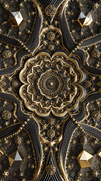 iPhone wallpaper: trippy gold-and-black kaleidoscopic mandala with ornate metallic filigree, geometric facets and concentric repeating patterns.