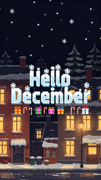 iPhone wallpaper: pixel-art snowy night street with lit rowhouses, falling snowflakes, candy canes and gifts, bold Hello December text.