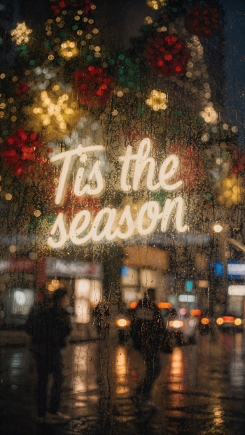 iPhone wallpaper: rain-streaked window overlooking a blurred city street, glowing bokeh ornaments and handwritten script reading Tis the season.