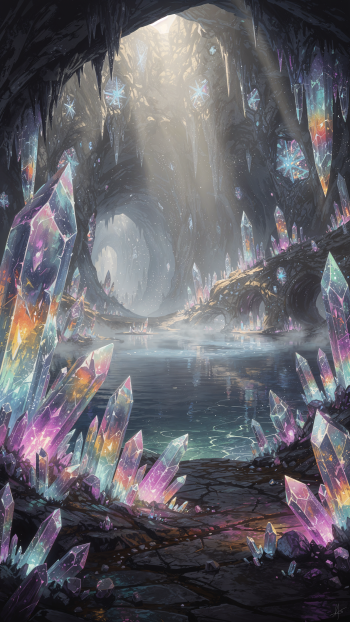 Phone/iPhone wallpaper: luminous crystal cave with iridescent crystals rising from a rocky shore around a glassy underground pool, pale beams of light filtering through high cavern openings.