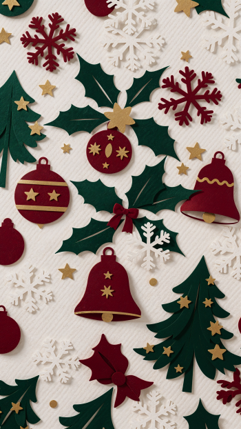 Vertical iPhone wallpaper: festive holiday pattern of red bells and ornaments, green holly and trees, white snowflakes and gold stars on textured white.