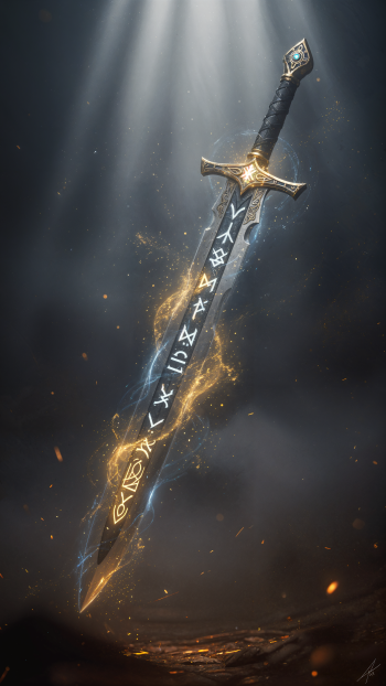 iPhone wallpaper: an enchanted longsword suspended in a shaft of light, runes glowing along the blade and golden energy spiraling around it over a smoky, ember-strewn background.