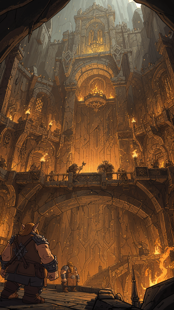 iPhone wallpaper of a cavernous dwarven stronghold: towering stone halls, molten-forge glow, torchlit bridges and small figures surveying the depths.