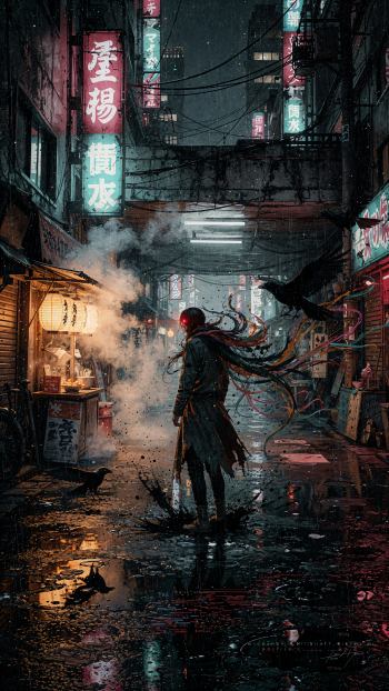 Tokyo Ghoul iPhone wallpaper: rain-slick neon alley, lone ghoul with a red eye and flowing kagune, steaming street stall and circling crows reflected in puddles.