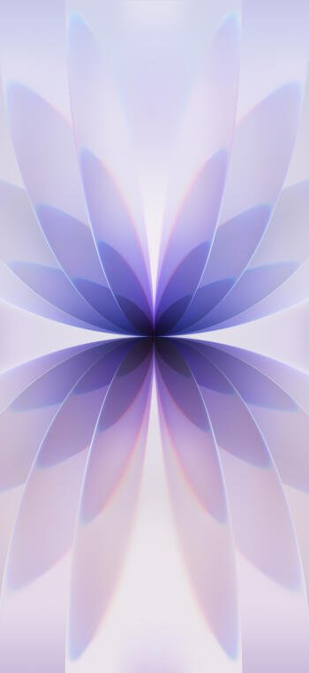 Abstract iPhone wallpaper showing layered pastel lavender petals forming a mirrored floral burst, with a minimalist Apple Inc. aesthetic and soft pastel colors.