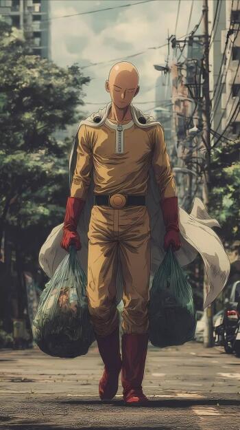 Anime iPhone wallpaper of Saitama from One-Punch Man: bald hero in yellow suit and red gloves walking a city street carrying two grocery bags, cape flowing behind him.