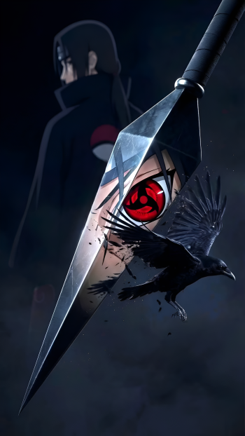 Phone wallpaper of Itachi Uchiha from Naruto: a kunai blade reflecting his red Sharingan eye, a crow in flight, and Itachi's silhouette with the Akatsuki cloak in the background.