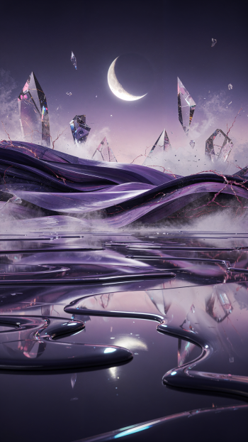 Abstract purple iPhone wallpaper: surreal landscape of flowing purple ribbons, floating crystal shards and a crescent moon reflected in a glossy, mirror-like liquid foreground.