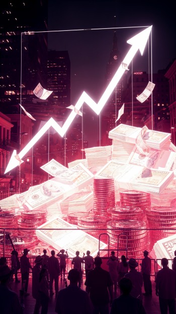 iPhone wallpaper: neon-pink city scene with towering stacks of coins and cash, rising arrow chart signaling inflation; silhouetted crowd watches in foreground.