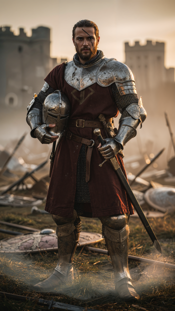 Vertical phone wallpaper of a medieval knight in plate armor holding a helmet and sword, standing on a ruined battlefield with a castle silhouetted at sunset.