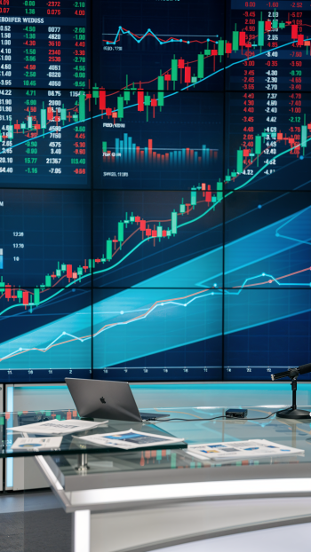 iPhone wallpaper featuring a large stock market chart: green and red candlesticks, moving averages, volume bars and trend lines across a dark blue trading dashboard.